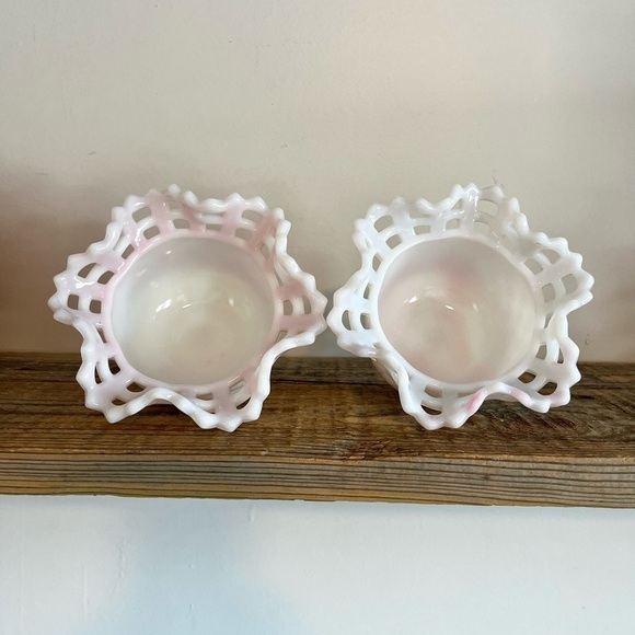 Fenton Rosalene milk glass slag glass basket weave bowl - Picture 2 of 7
